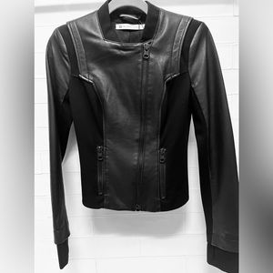 blanc noir Black Leather Panel Moto Jacket
